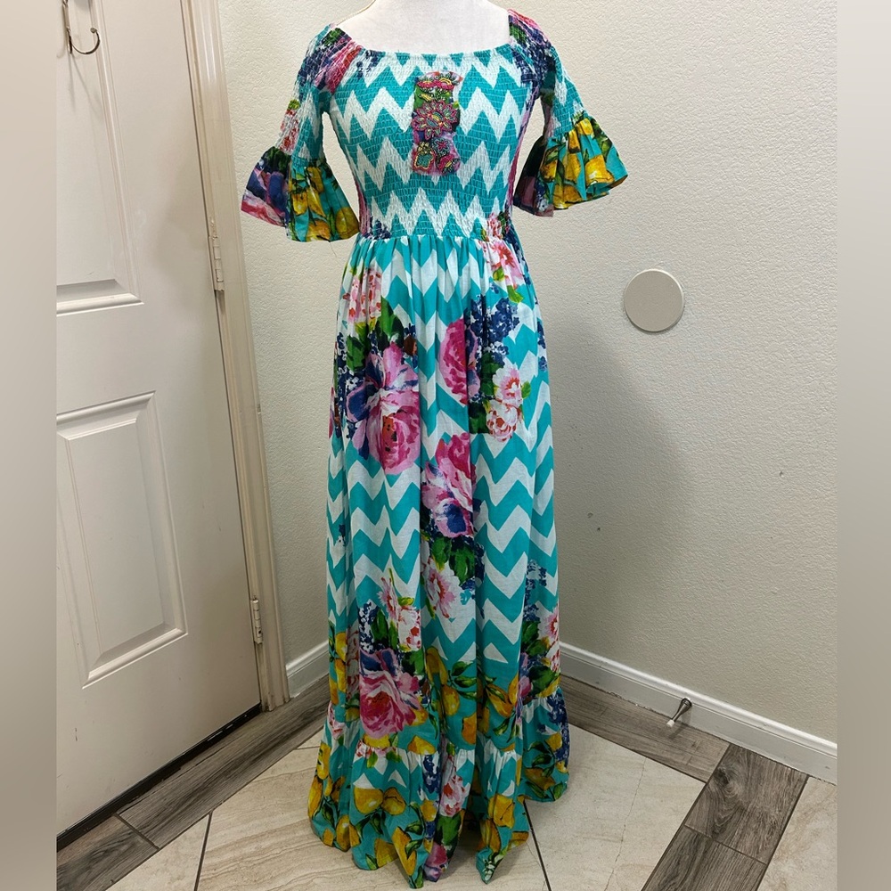 Antica Santoria Agua & White Zigzag Flowers Print Long Smocked Top Dress Size OS